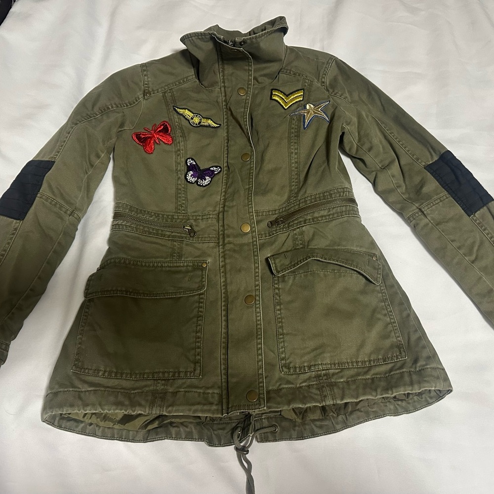New York & Company Khaki Outerwear women’s jacket embroidered patches XS